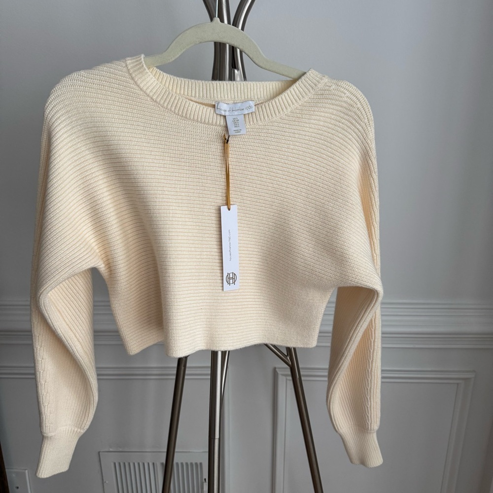 NWT House of Harlow 1960 Cream Ribbed Knit Minimalist Cropped Sweater Size Small